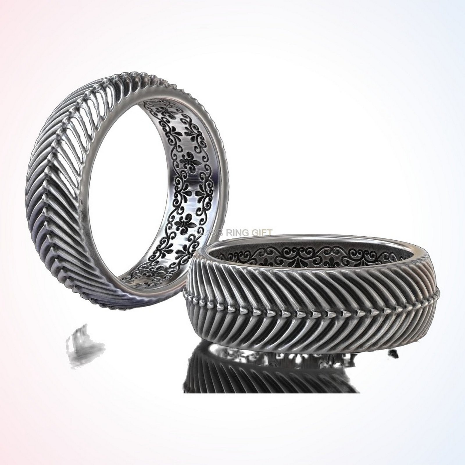 Personalized gift in of ring, angled three-quarter view of pair