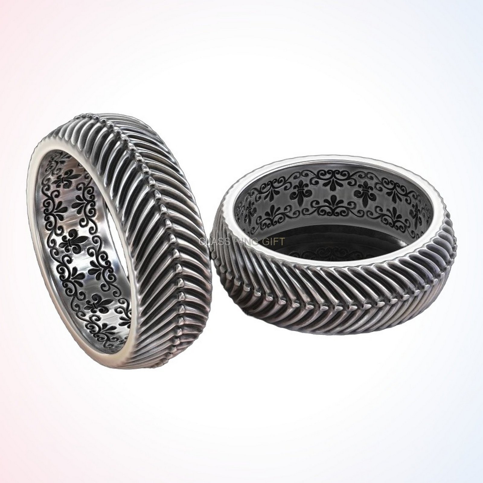 Personalized gift in of ring antiquity fluted design oxidized sterling silver