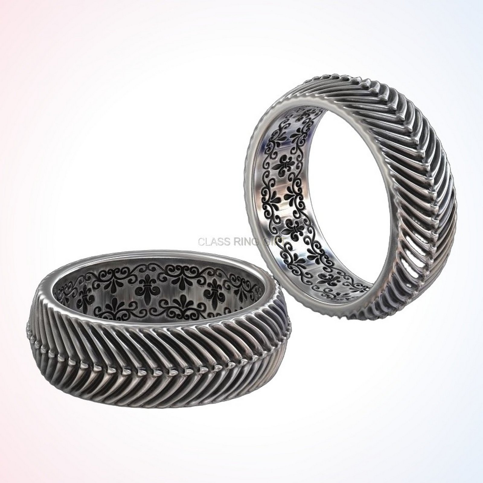 Personalized gift in of ring antiquity fluted design oxidized sterling silver