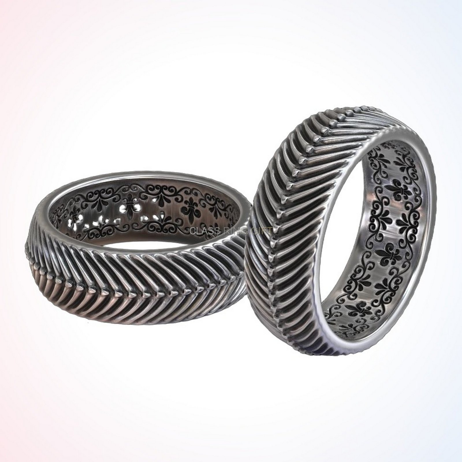 Personalized gift in of ring antiquity fluted design oxidized sterling silver