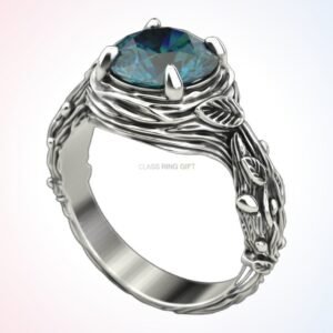 Personalized gift tree branch ring with organic silver branches cradling gemstone