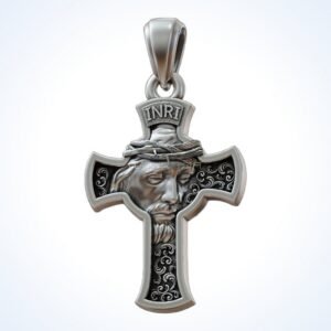 Christian gift ukrainian prayer pendant with Jesus face crucifix, 925 sterling silver