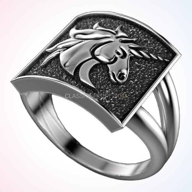 Sterling silver unicorn statement ring, side profile showing sculptural band and shoulders