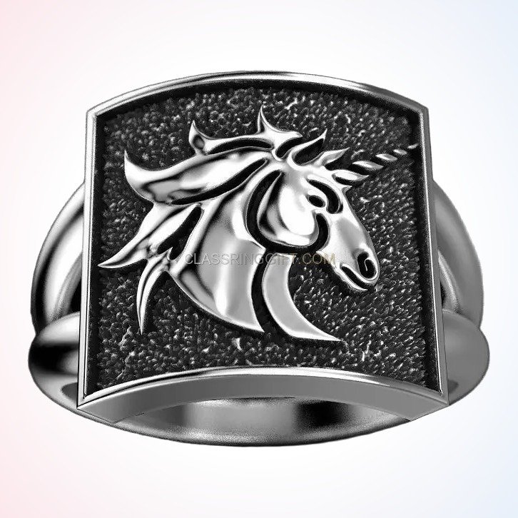 Sterling silver unicorn statement ring, angled three-quarter view of sculpted unicorn