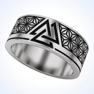 Gift for him valknut viking ring, 925 sterling silver statement piece with interlocking triangles an