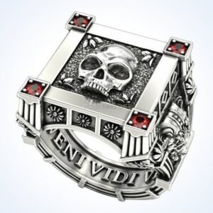 Gift for him vampire skull ring, oxidized 925 silver with garnet accents