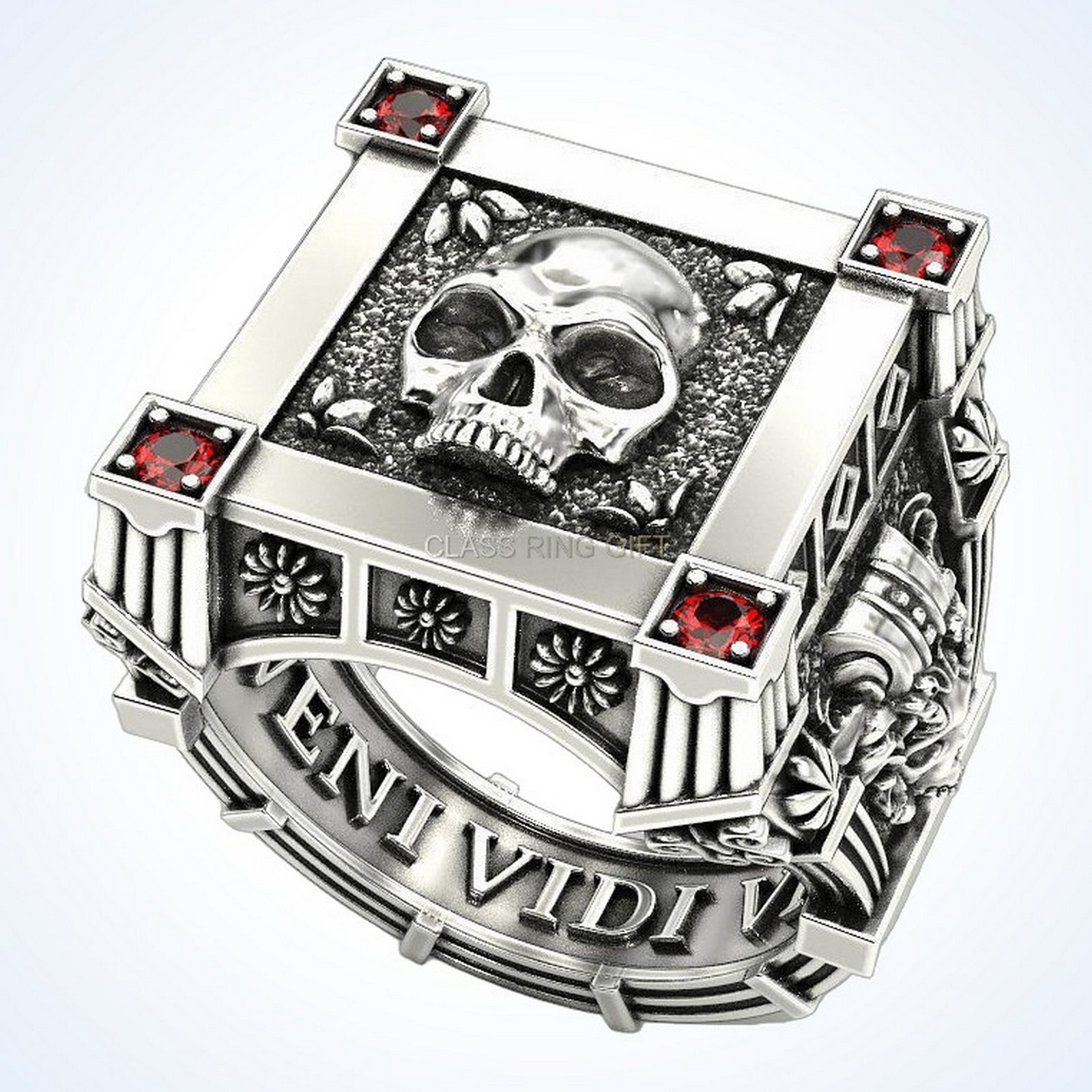 Gift for him vampire skull ring, oxidized 925 silver with garnet accents