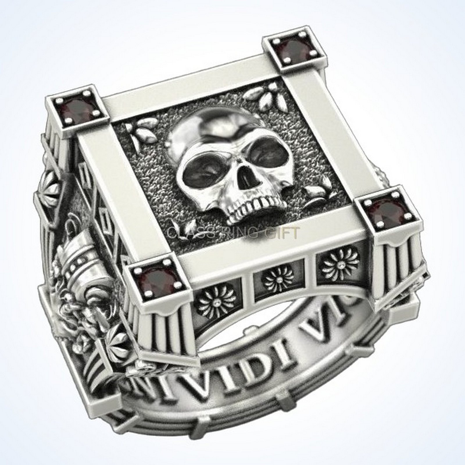 Gift for him vampire skull ring, oxidized 925 silver with garnet accents