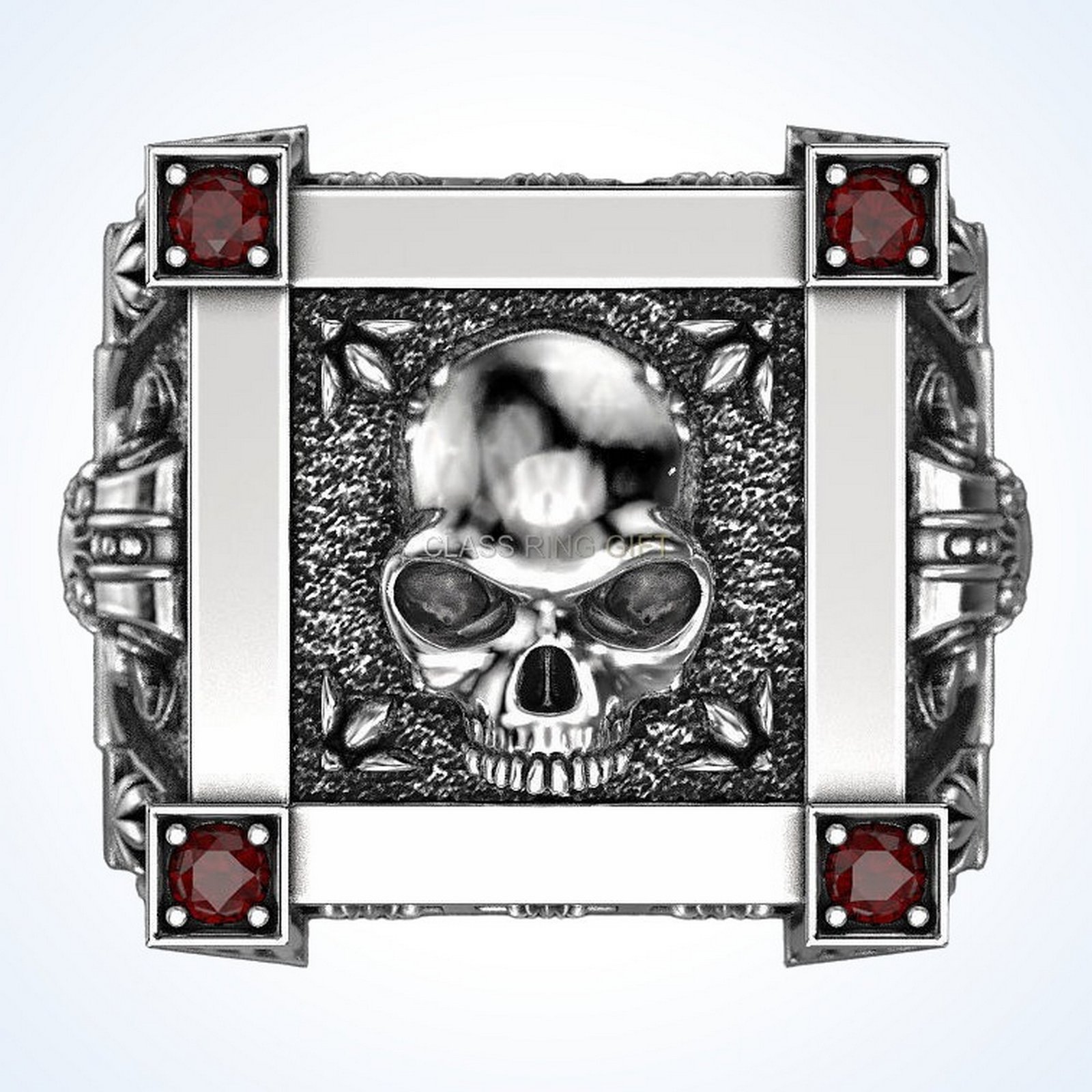 Gift for him vampire skull ring, oxidized 925 silver with garnet accents