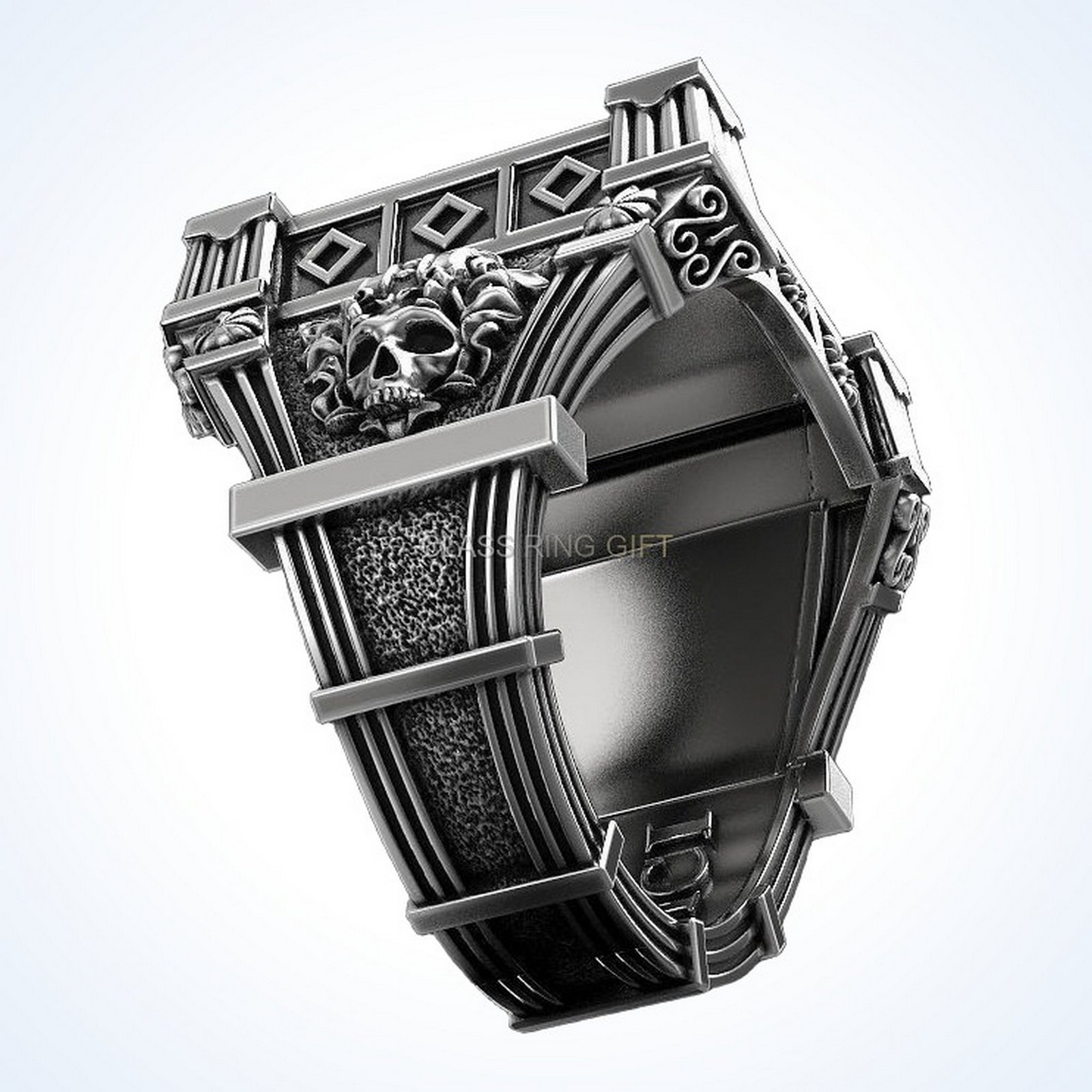 Gift for him vampire skull ring, oxidized 925 silver with garnet accents