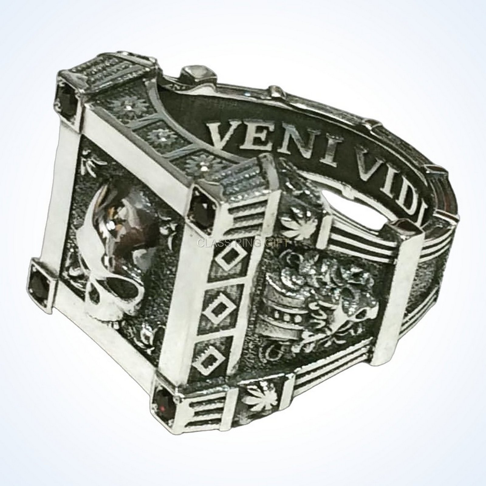 Gift for him vampire skull ring, oxidized 925 silver with garnet accents