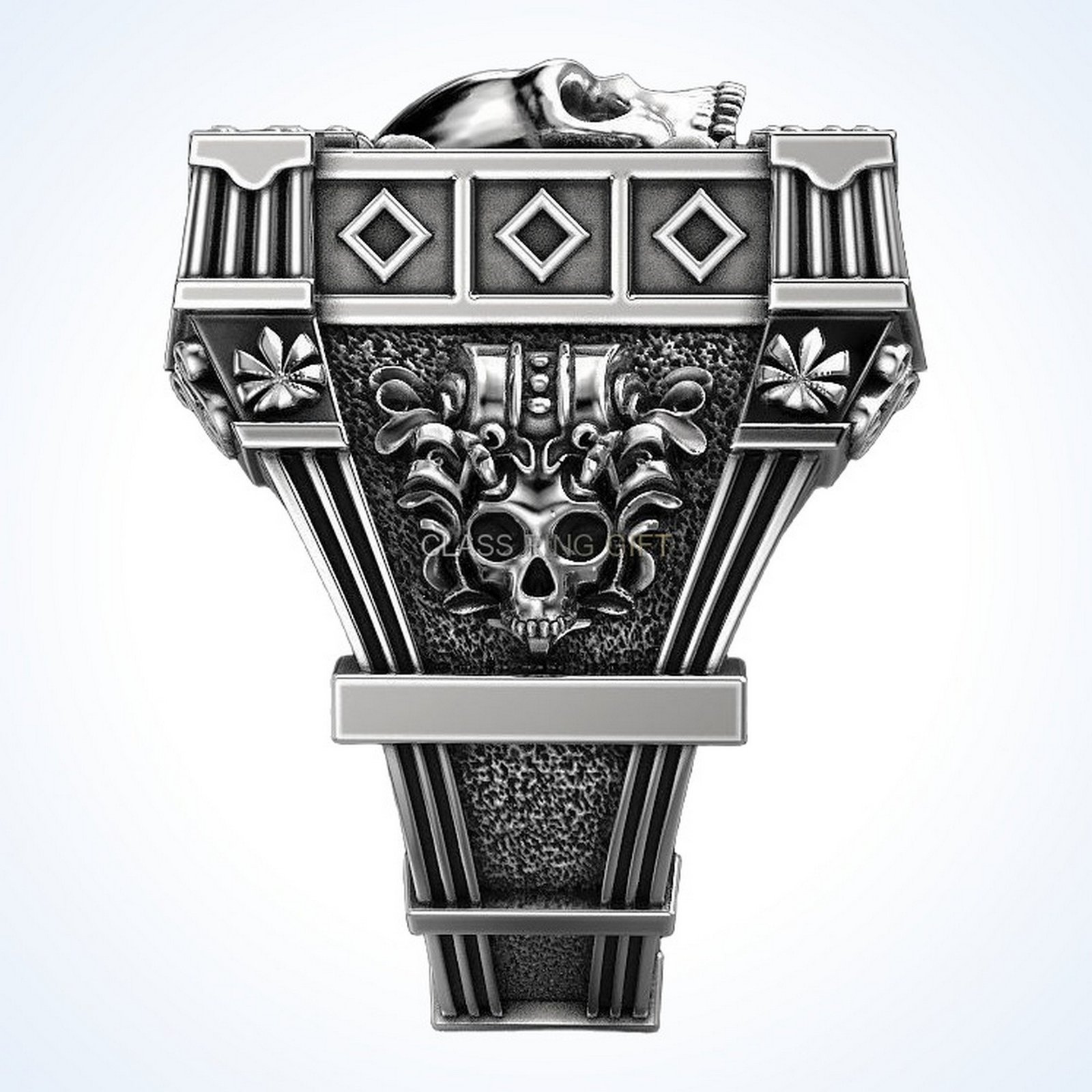 Gift for him vampire skull ring, oxidized 925 silver with garnet accents