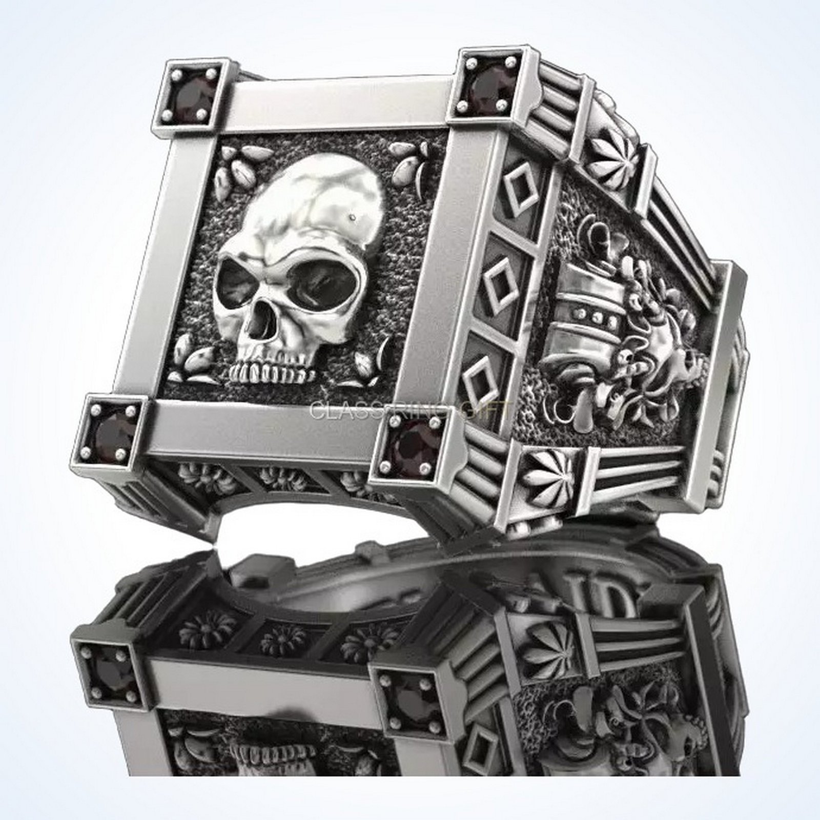 Gift for him vampire skull ring, oxidized 925 silver with garnet accents