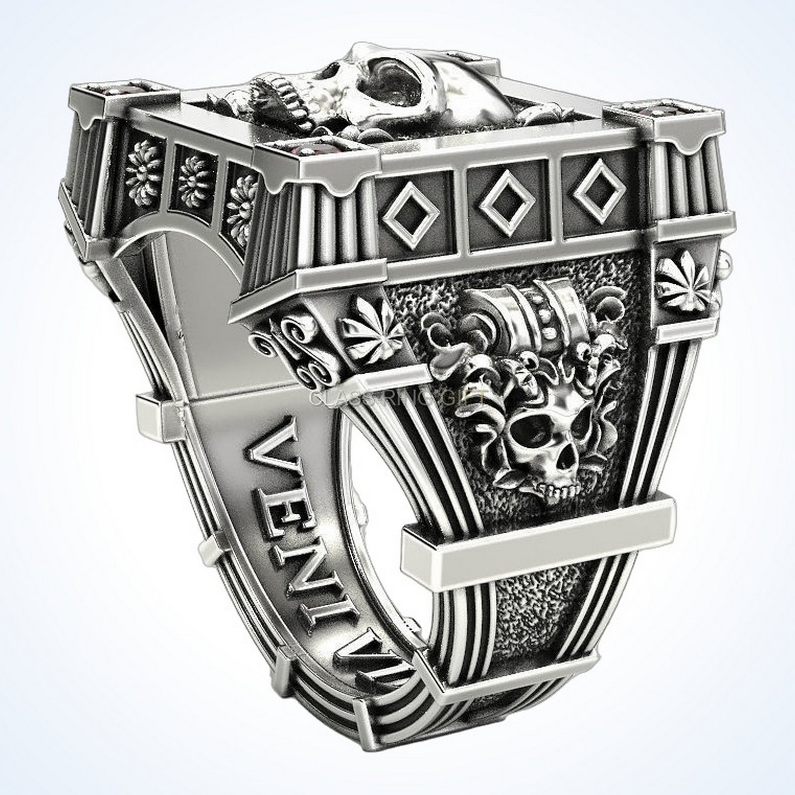 Gift for him vampire skull ring, oxidized 925 silver with garnet accents