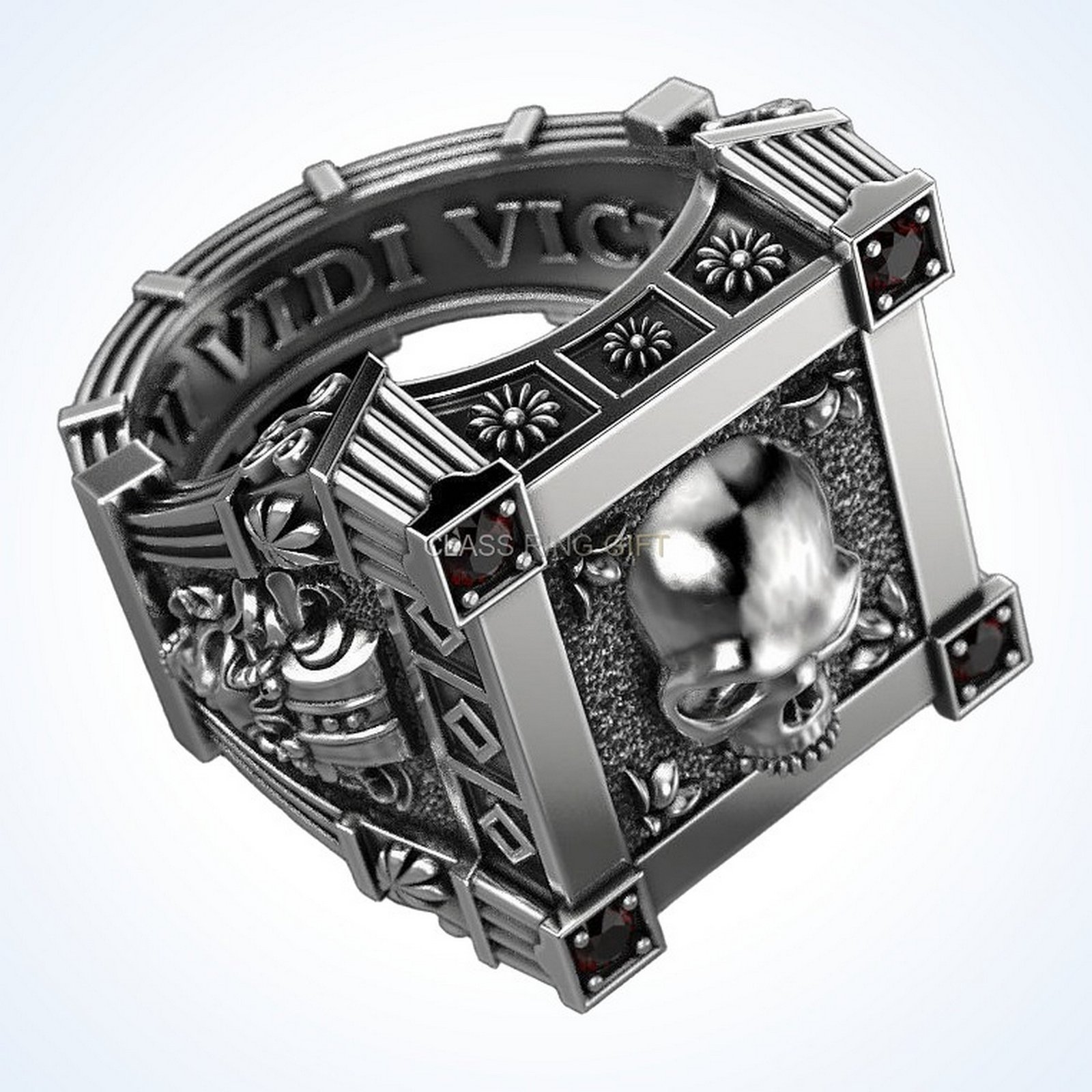 Gift for him vampire skull ring, oxidized 925 silver with garnet accents