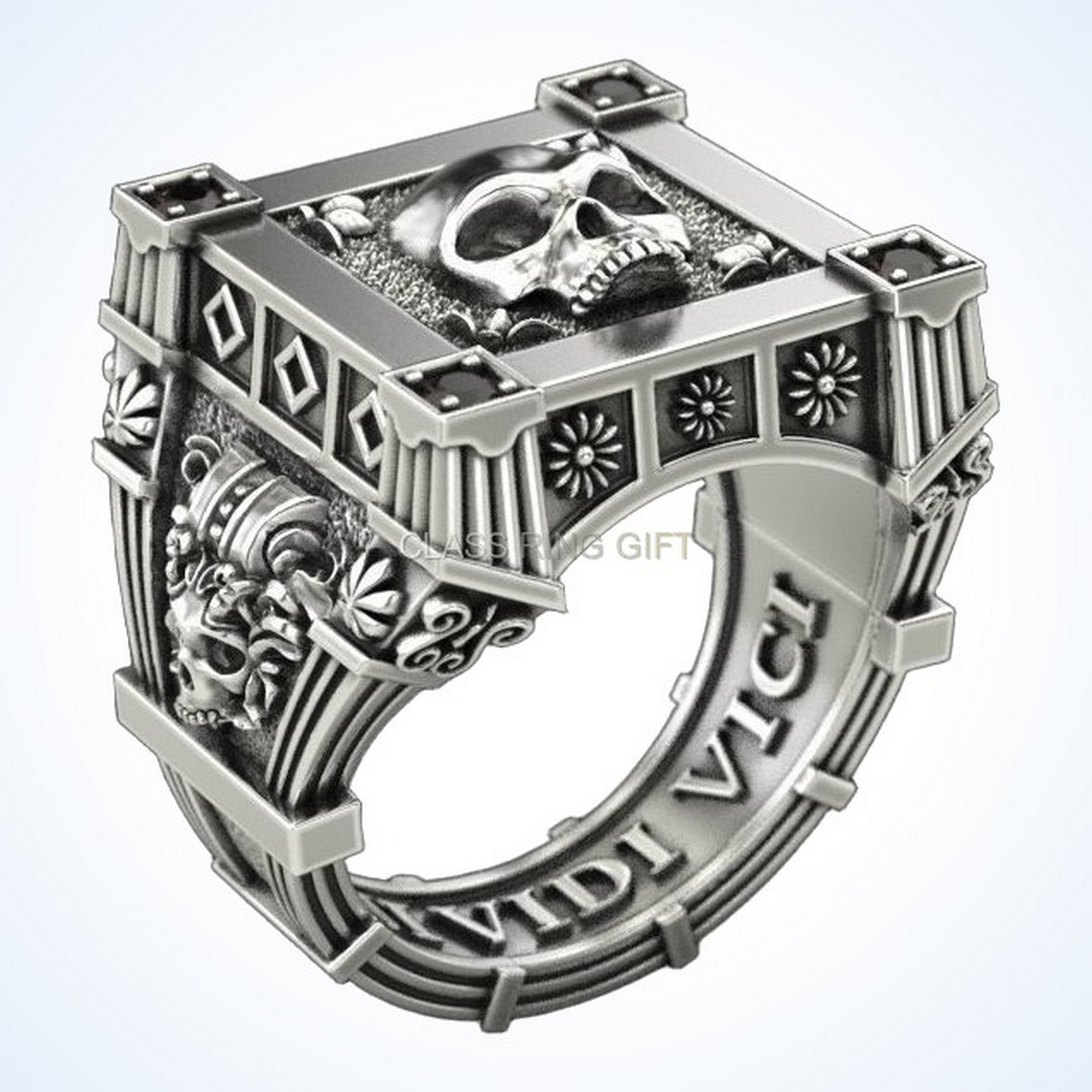 Gift for him vampire skull ring, oxidized 925 silver with garnet accents