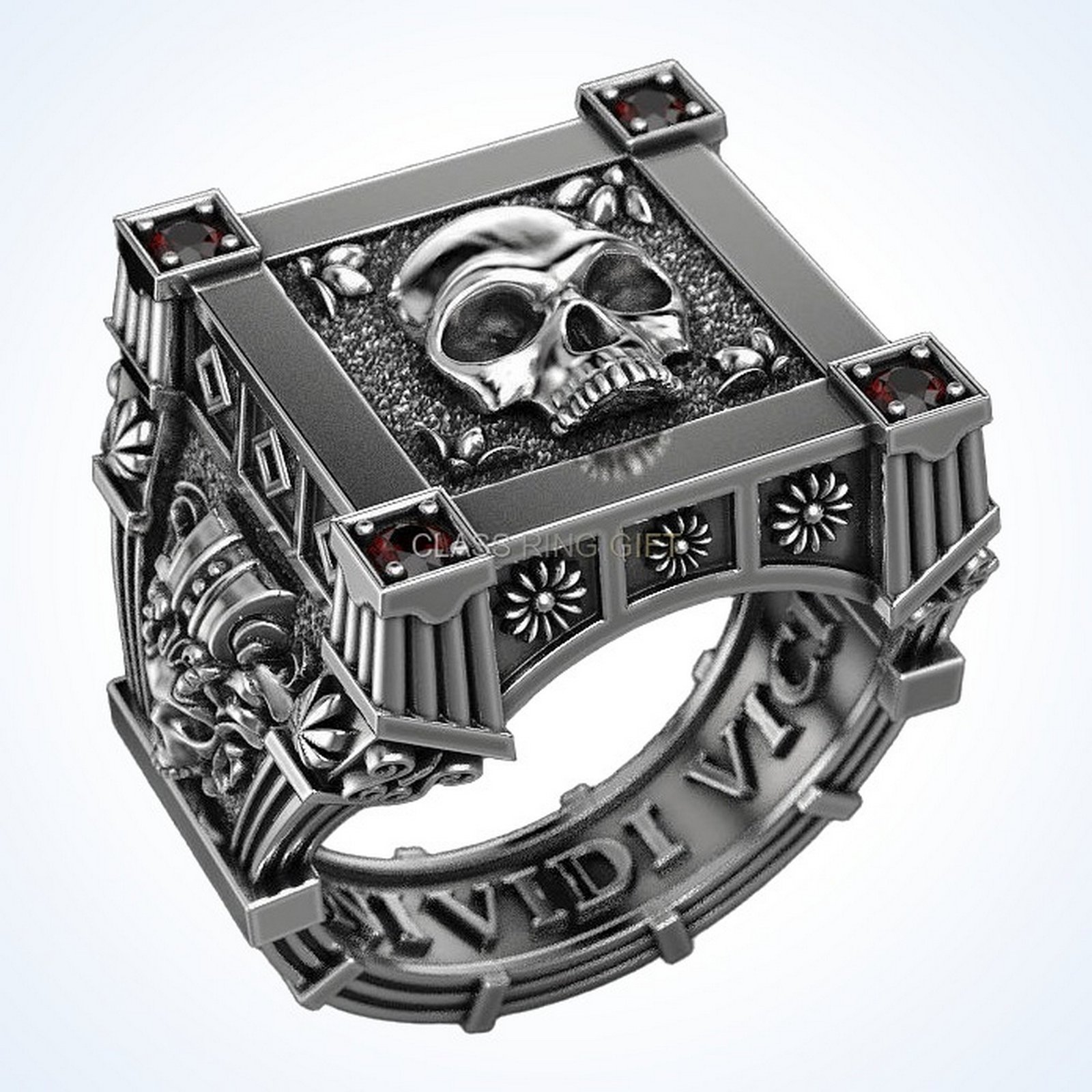 Gift for him vampire skull ring, oxidized 925 silver with garnet accents