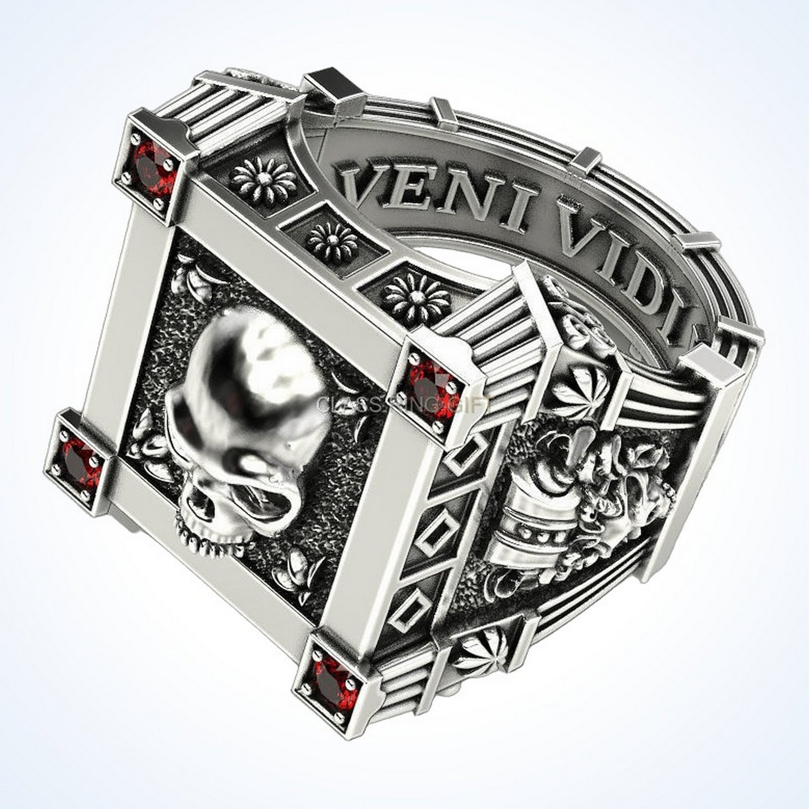 Gift for him vampire skull ring, oxidized 925 silver with garnet accents