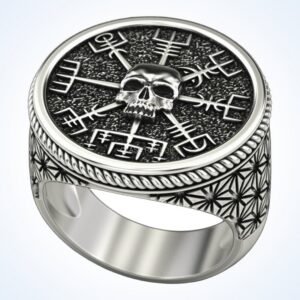 Gift for him vegvisir skull ring, oxidized 925 sterling silver