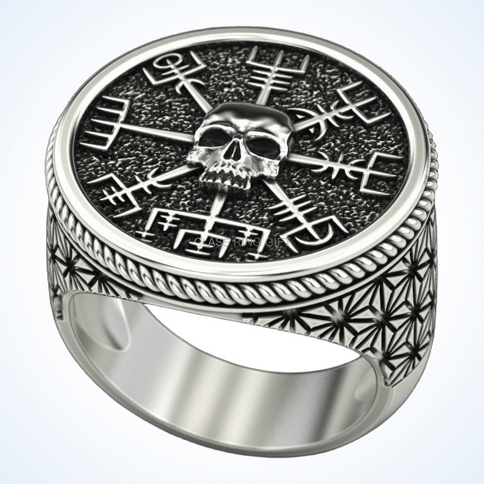 Gift for him vegvisir skull ring, oxidized 925 sterling silver