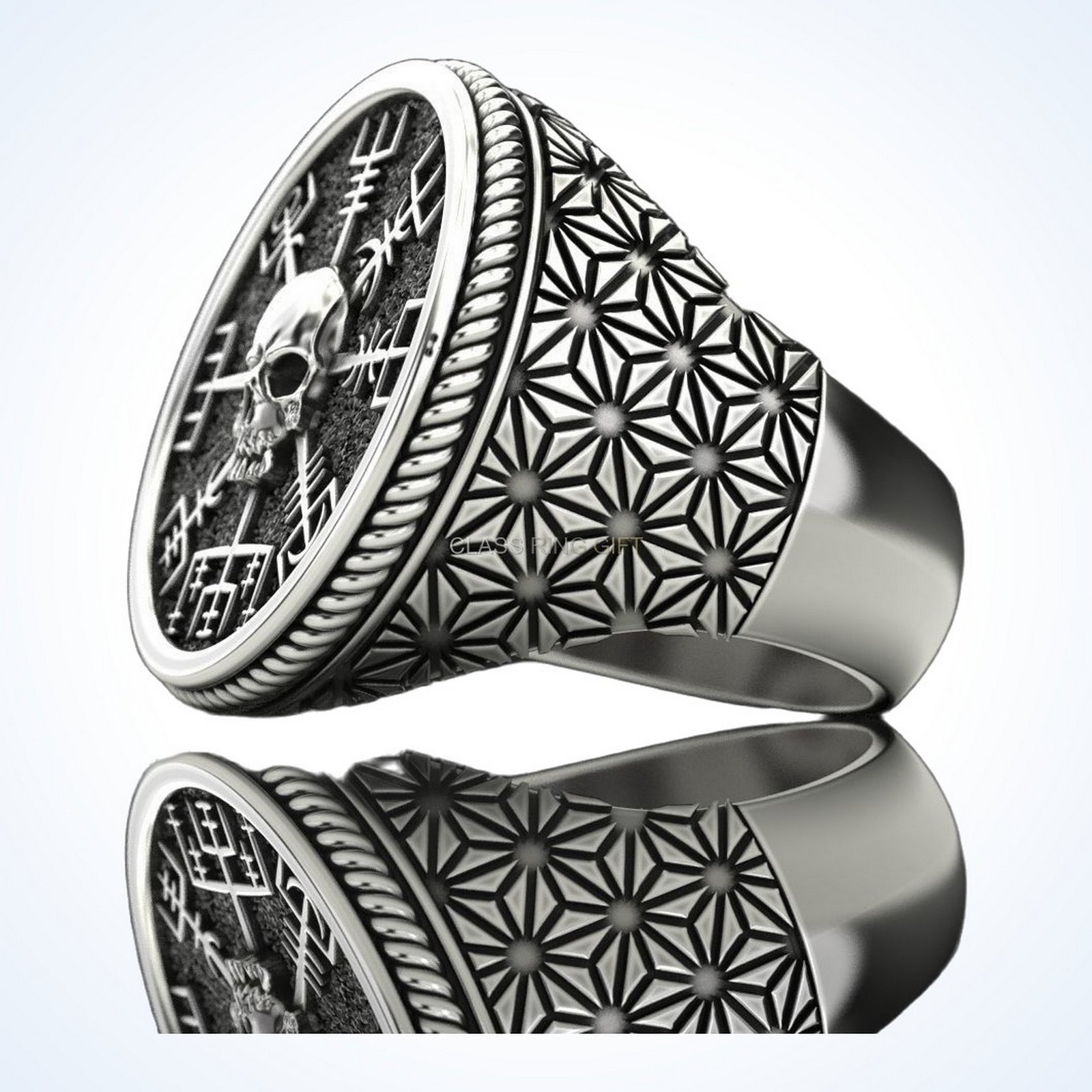 Gift for him vegvisir skull ring, oxidized 925 sterling silver