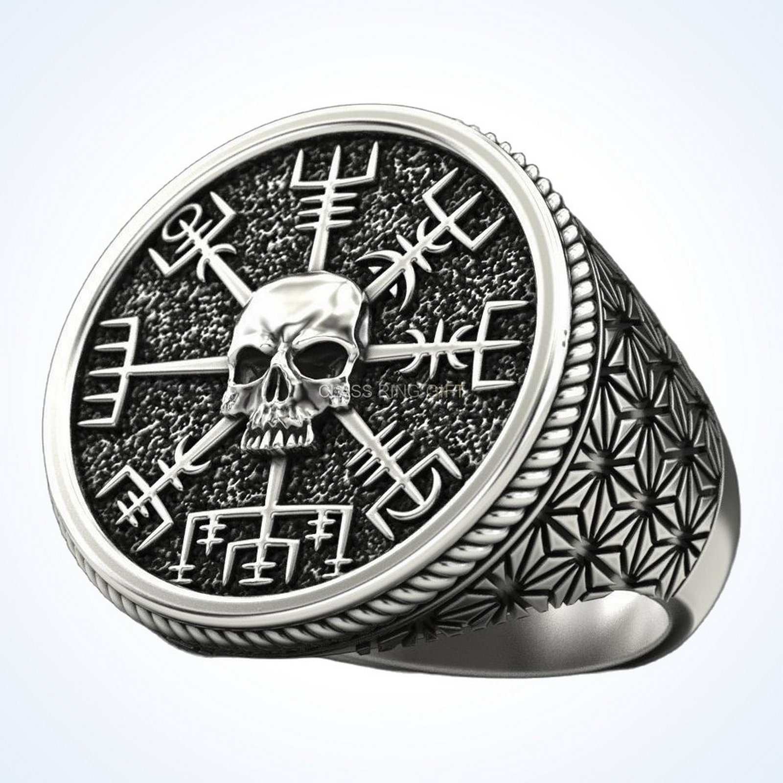 Gift for him vegvisir skull ring, oxidized 925 sterling silver