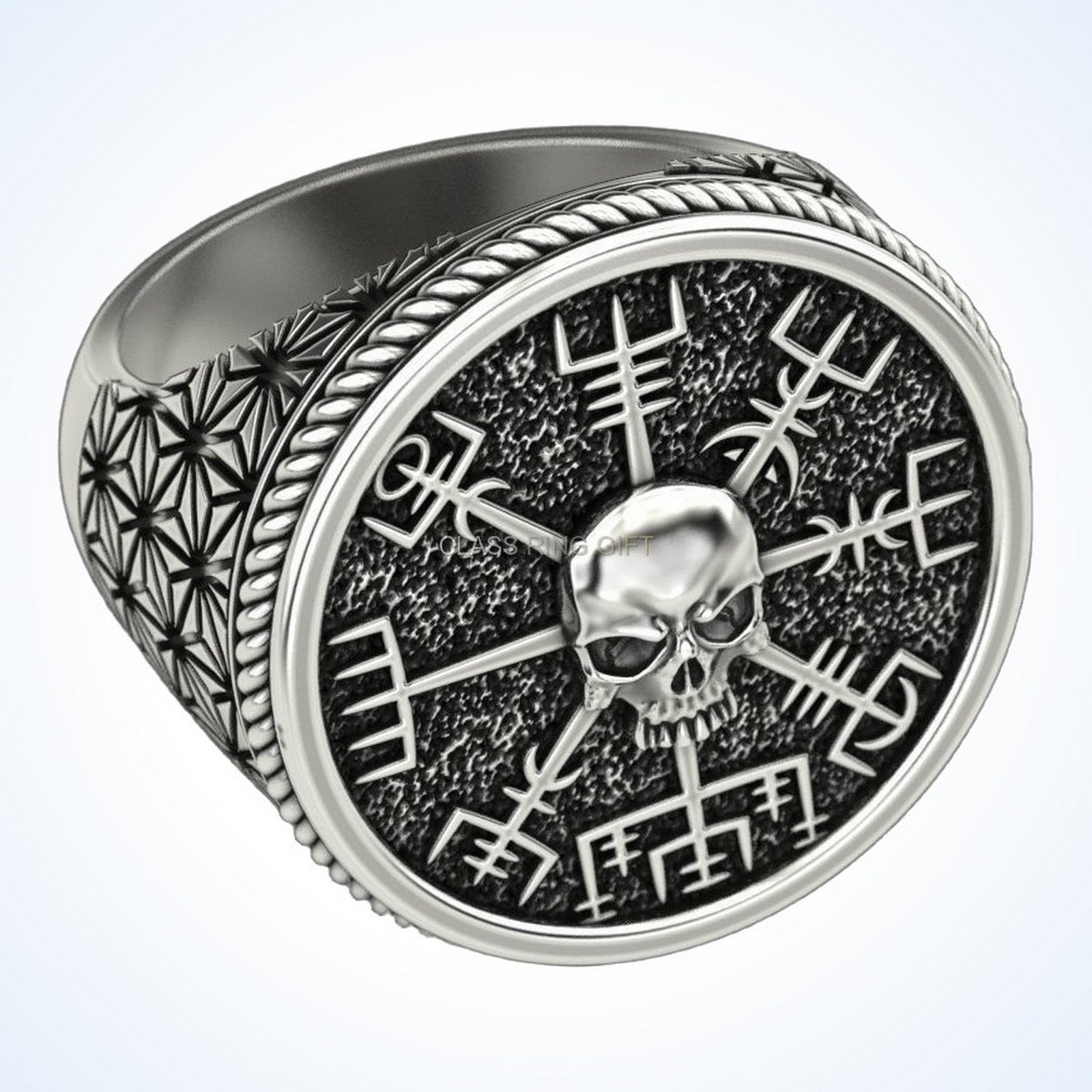 Gift for him vegvisir skull ring, oxidized 925 sterling silver
