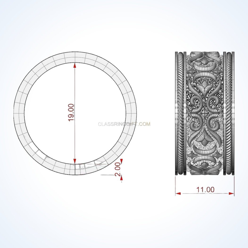Sterling silver viking ornamental ring with acanthus scrollwork and rope borders