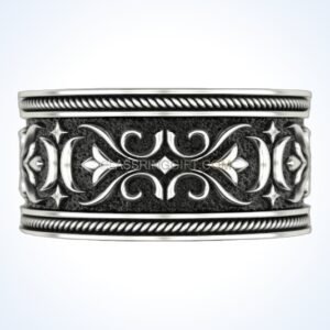 Sterling silver viking ornamental ring with acanthus scrollwork and rope borders