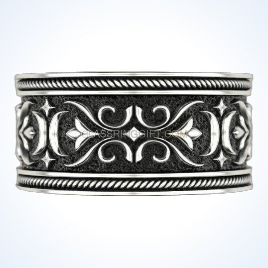 Sterling silver viking ornamental ring with acanthus scrollwork and rope borders
