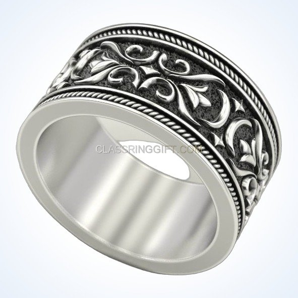 Sterling silver viking ornamental ring, three-quarter angled detail view
