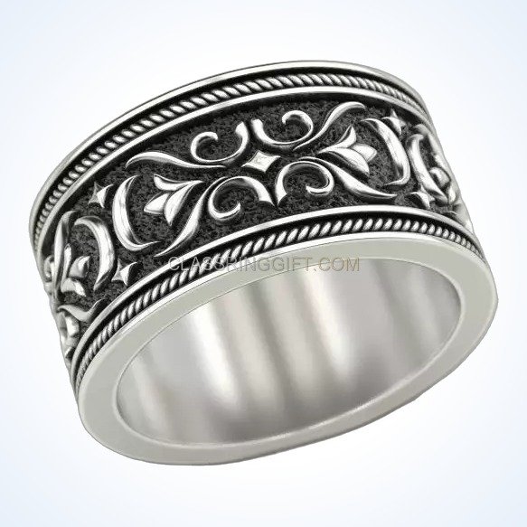 Sterling silver viking ornamental ring, side profile band view