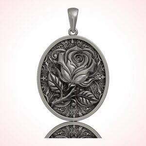 Gift for him vintage oval rose medallion pendant, oxidized 925 sterling silver
