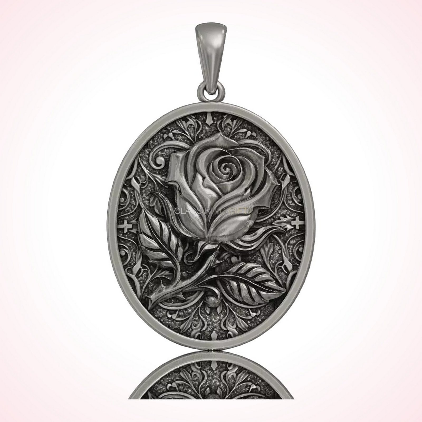 Gift for him vintage oval rose medallion pendant, oxidized 925 sterling silver