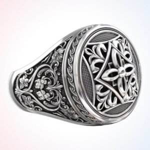 personalized gift vintage patterned ring with geometric cross motif and filigree shoulders