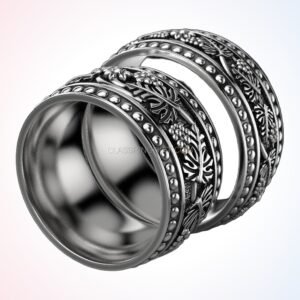 Oxidized sterling silver grapes floral ring with beaded border frame