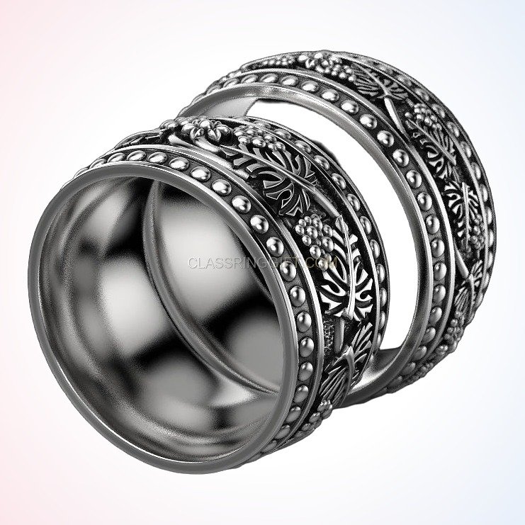 Oxidized sterling silver grapes floral ring with beaded border frame