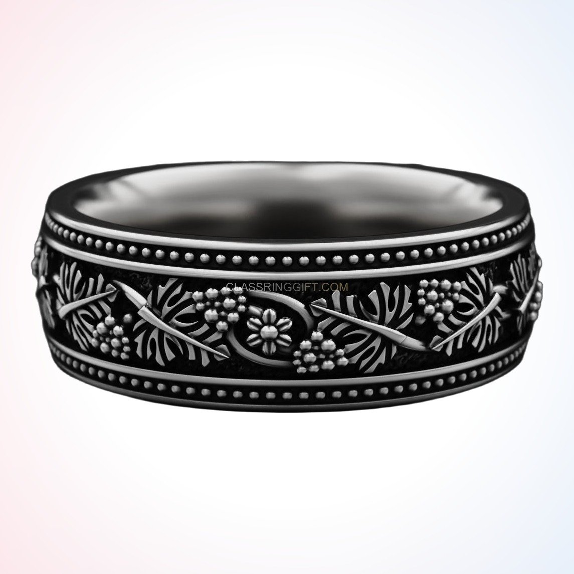 Sterling silver grapevine wedding ring, oxidized antique finish close-up view
