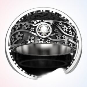 Personalized gift sakura ring with cherry blossoms in polished sterling silver