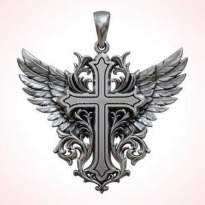 Christian gift winged cross pendant with baroque scrollwork and feathered wings