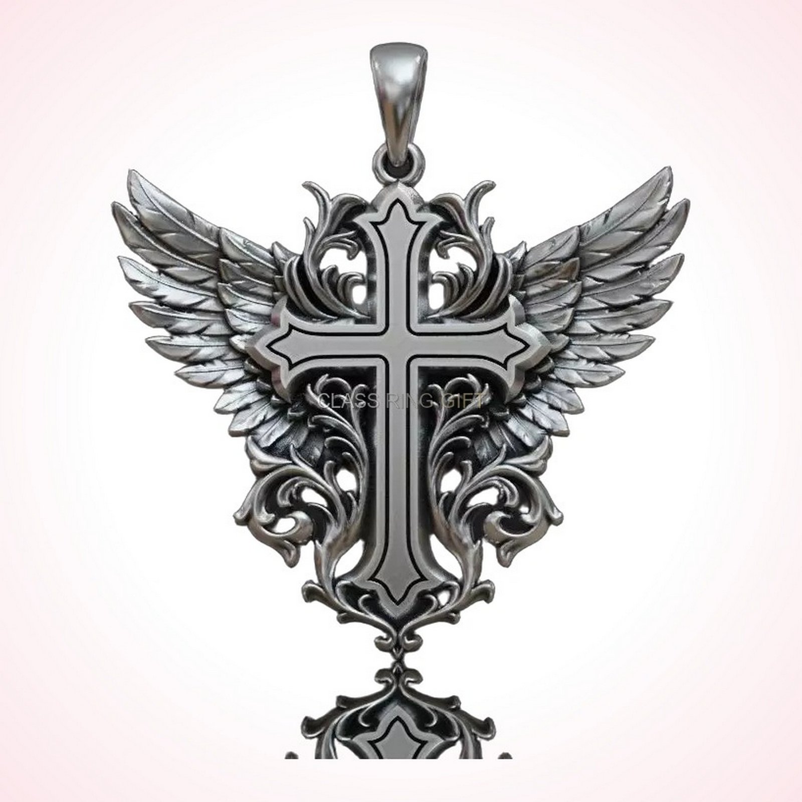 Christian gift winged cross pendant, front head-on view with polished finish