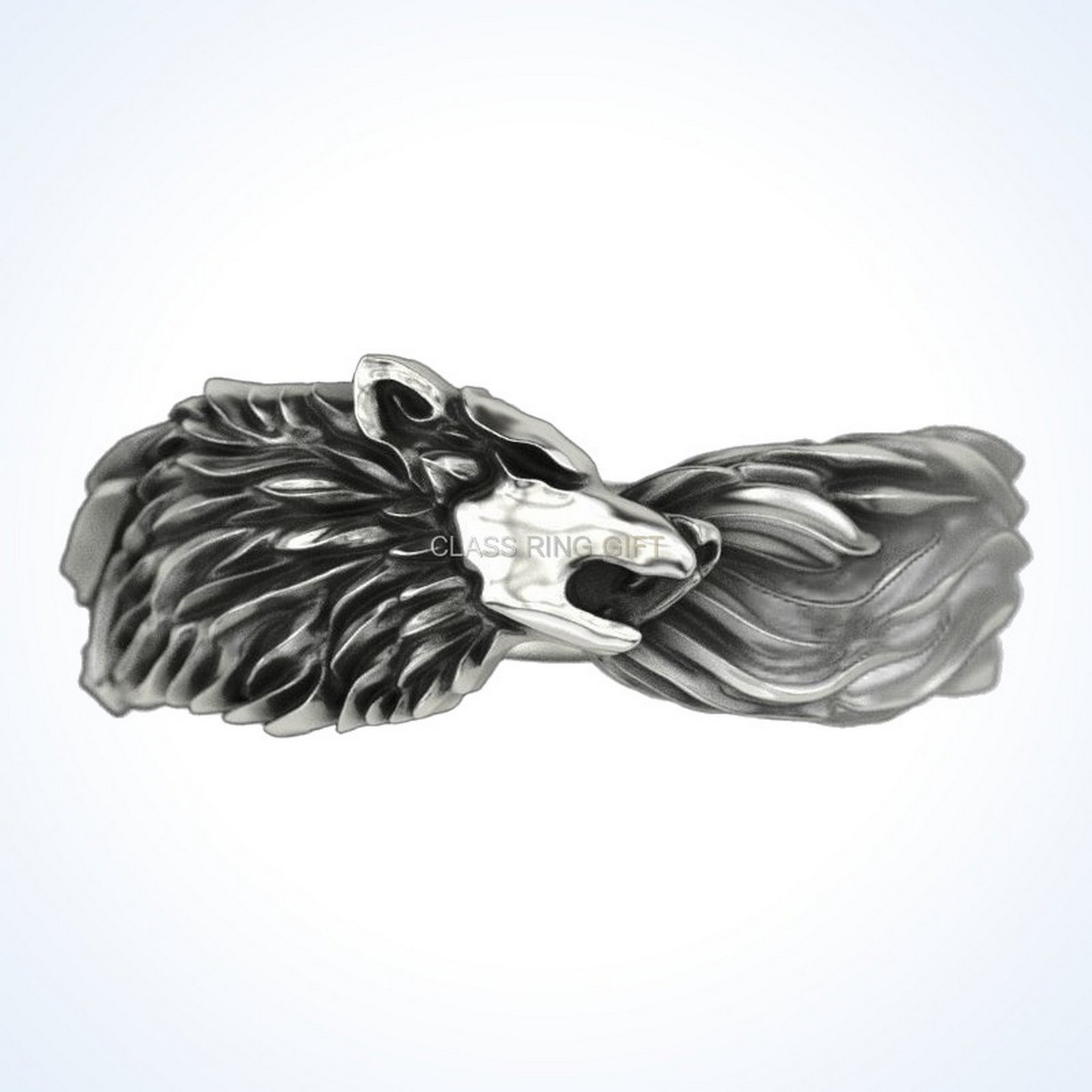 Gift for him wolf ring, side-angle perspective view