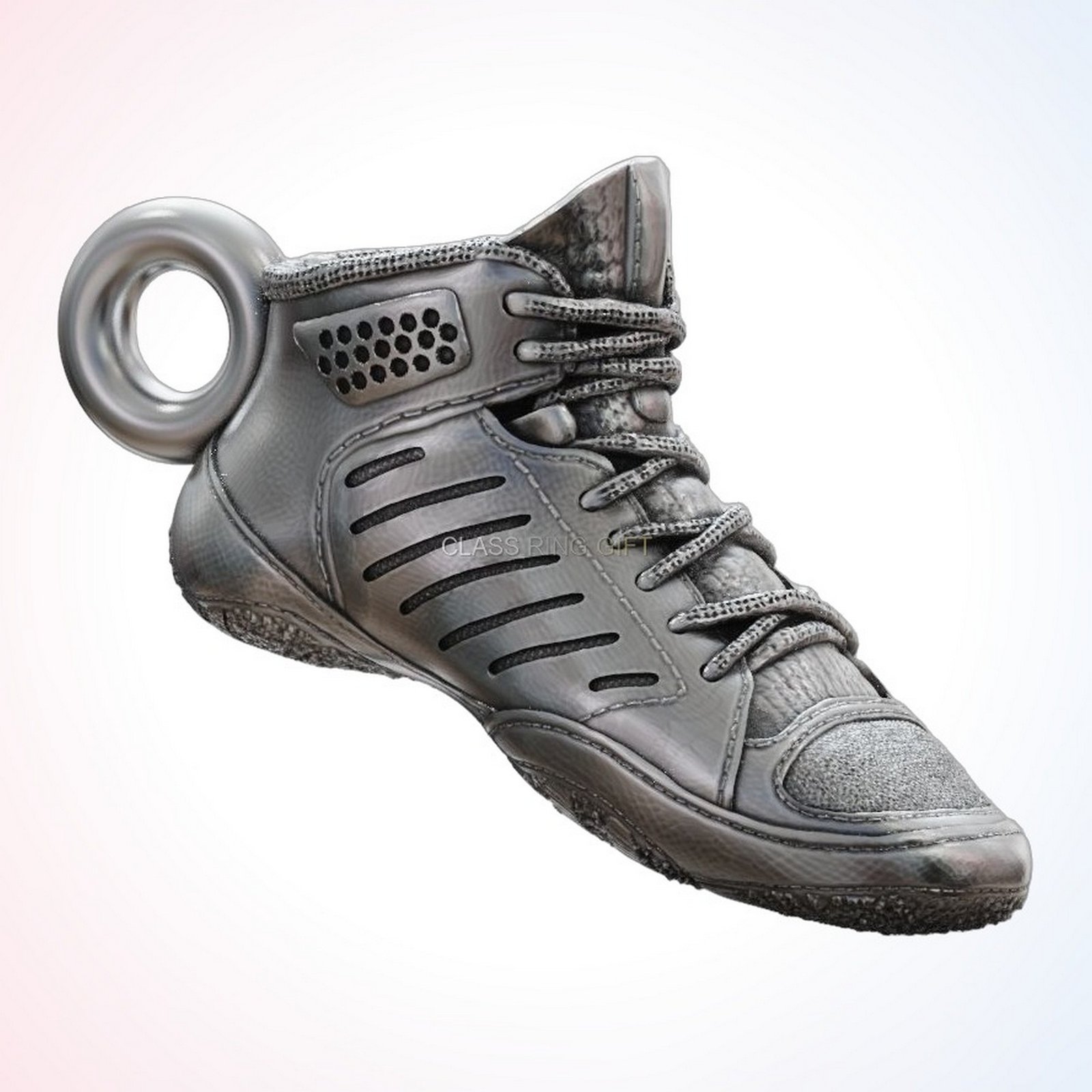 Personalized gift wrestling shoe pendant, duplicate angled front view