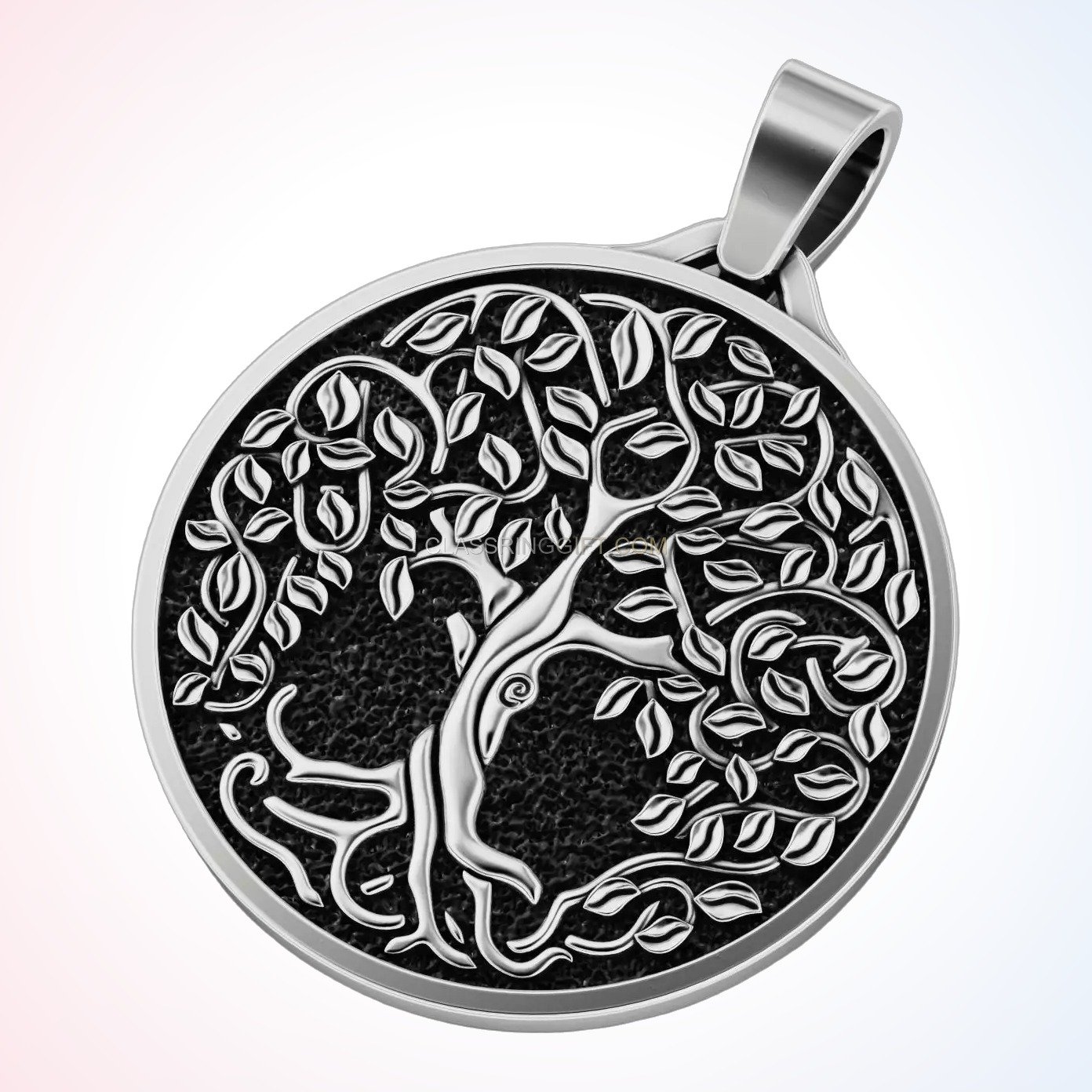 Sterling silver yggdrasil tree pendant, angled three-quarter view with bail