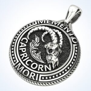 Capricorn gift for him zodiac skull pendant with curled horns and beaded border