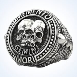Gift for him zodiac skull 2 oxidized silver Gemini ring front view