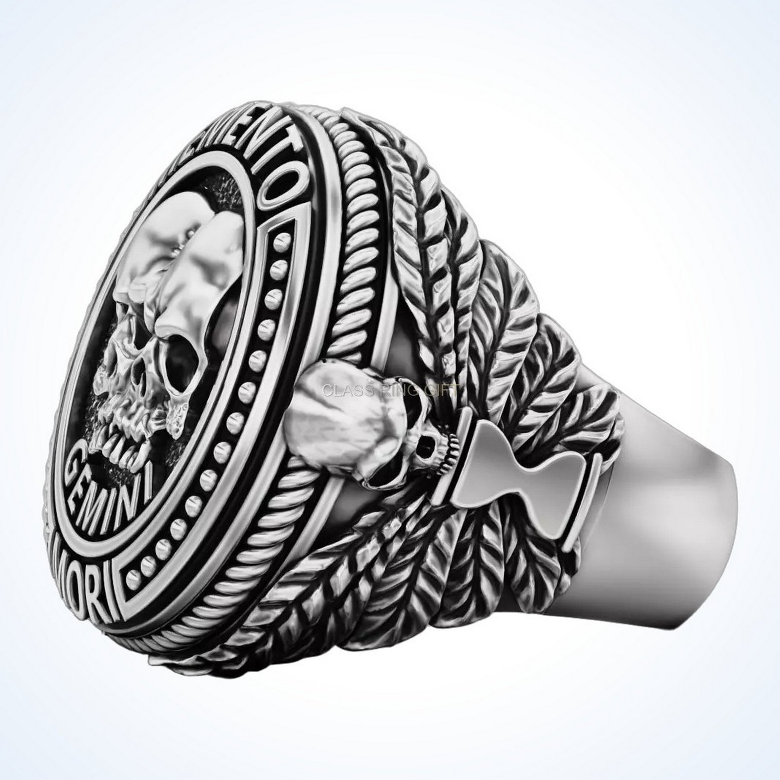 Gift for him zodiac skull 2, left side profile showing leaf scrollwork