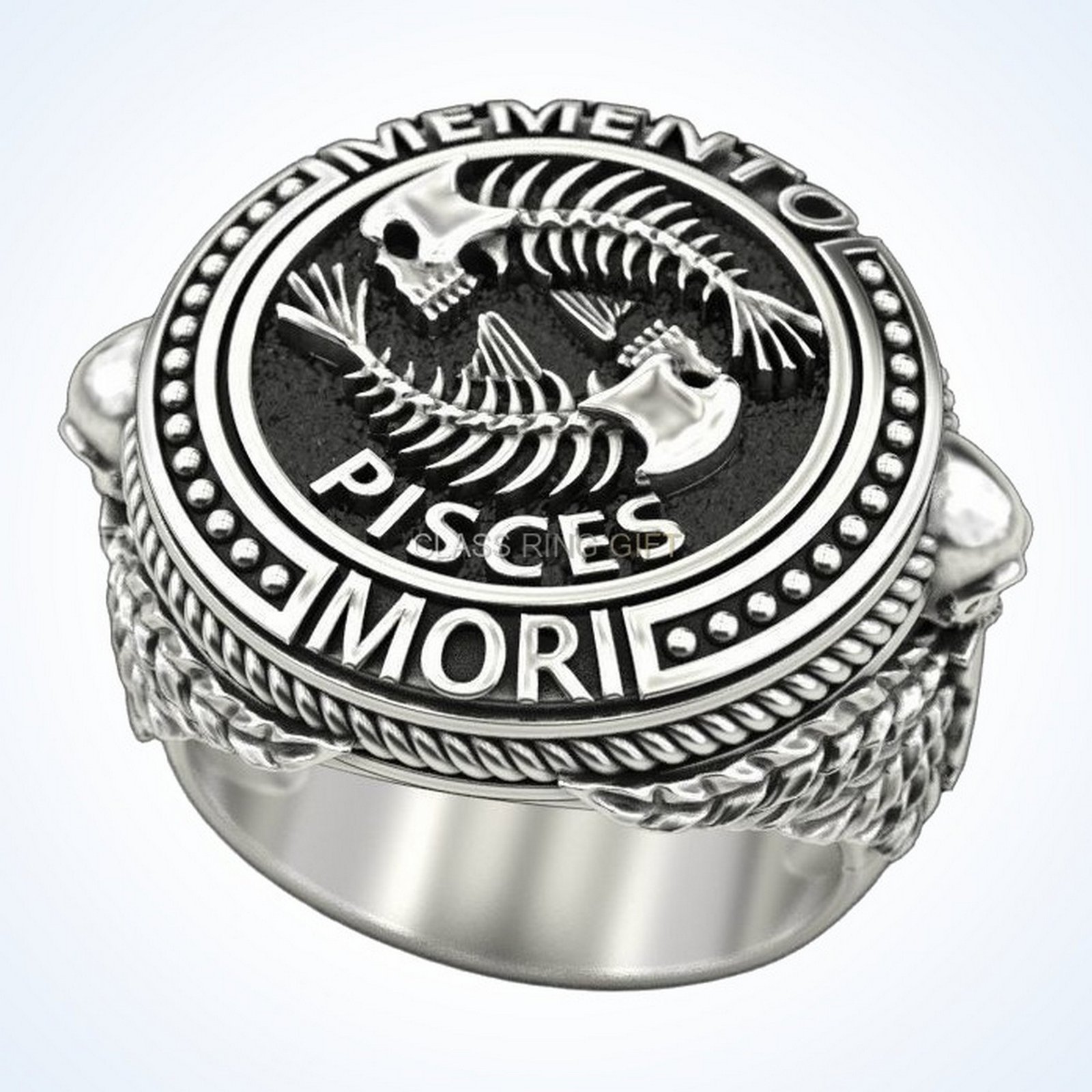 Pisces gift for him zodiac skull ring, oxidized 925 sterling silver