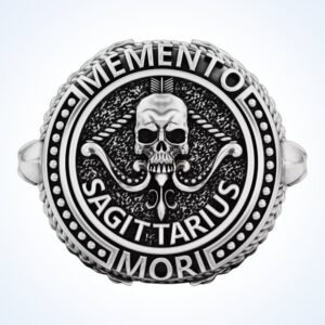 Sagittarius gift for him zodiac skull ring, oxidized 925 silver with ornate border