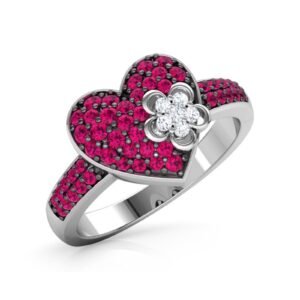 Ruby Heart Flower Ring, Love Band Pave 925 Silver